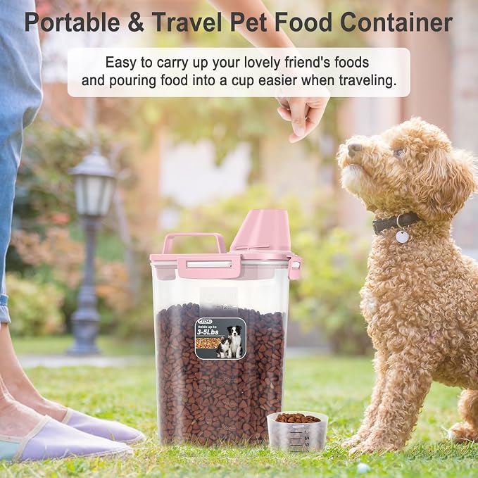 Dog Cat Food Storage Container, Pet Food Pourable Container Airtight with Large Spout & Cup, BPA-Free Plastic Food Dispenser for Pet Food, Bird Seed, Rice, Flour (Pink, 2.5L)