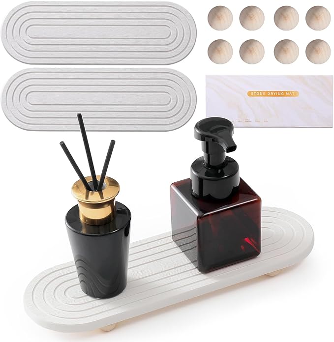 Instant Dry Stone Sink Tray, 11.8x3.9 Water Absorbing Diatomite Stone Tray for Sink with Wooden Feet, Sink Caddy Stone, Kitchen Sink Organizer (White-2)