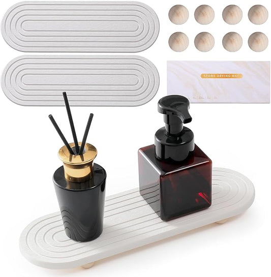 Instant Dry Stone Sink Tray, 11.8x3.9 Water Absorbing Diatomite Stone Tray for Sink with Wooden Feet, Sink Caddy Stone, Kitchen Sink Organizer (White-2)