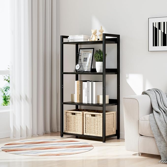 NUMENN Bookshelf, 4 Tier Freestanding Shelving Unit, Black | Metal Frame & Wood Shelves, Falling Prevention Baffle, Open Storage Bookcase for Bedroom, Living Room & Home Office