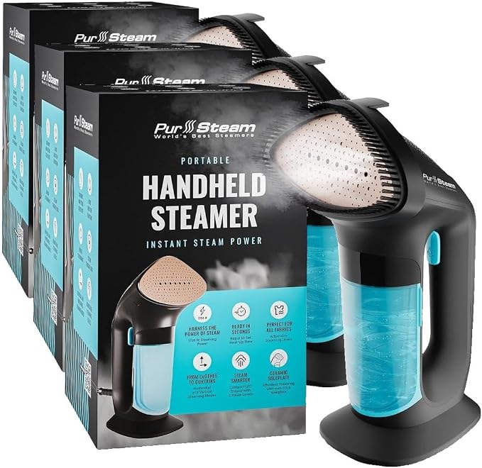 PurSteam SteamPulse Pro Handheld Steamer for Clothes, Portable Handheld Fabric and Garment Travel Steamer Iron Press Wrinkle Remover with Fabric Brush (Pack of 3)