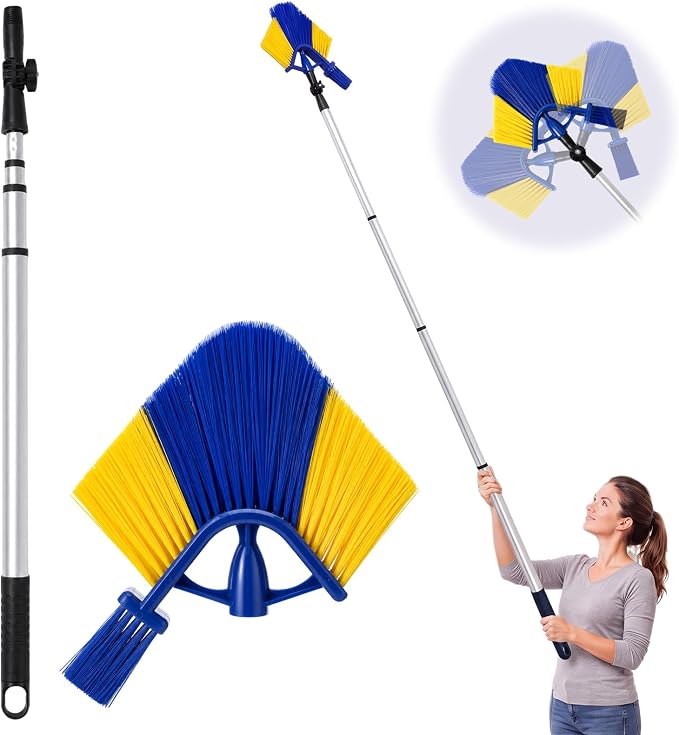 Cobweb Duster with 6ft Extension Pole and Adjustable Angle Brush | telescopic cobweb duster, with adjustable angle head, small detail brush for ceilings, corners, fans and outdoor areas