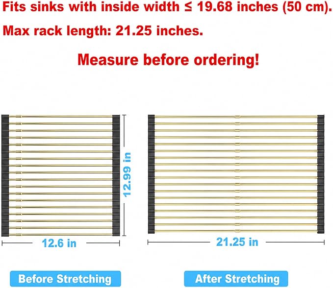 Expandable Roll Up Dish Drying Rack, Adjustable Large Over The Sink Rack Draining Rack (Max Extends to 21.26”) for Stainless Steel Sink Rack, Collapsible Rolling Up Rack 18 Tube for Kitchen, Gold