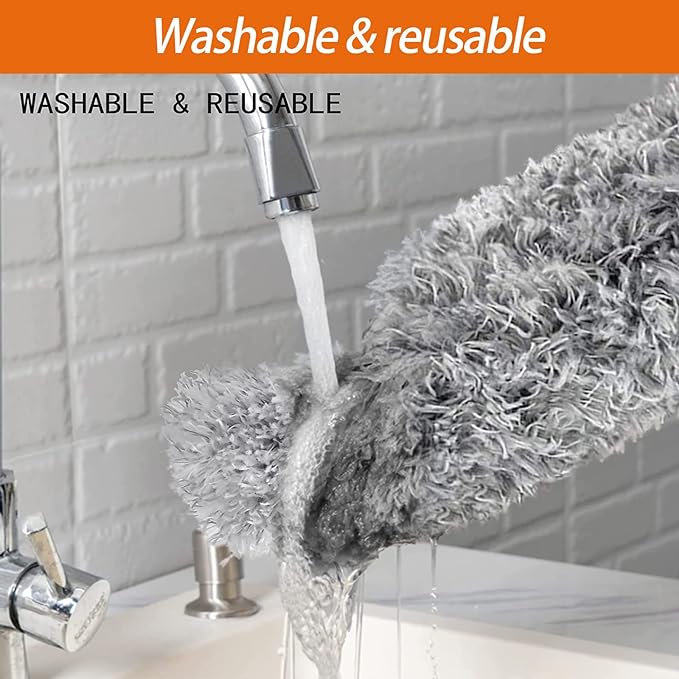 Microfiber Feather Duster, High Ceiling Fans with 30-100 Inch Pole, Gray | Bendable & Washable Head Traps Dust Without Scratching, Long Extendable Duster for Home Car Furniture Cobweb, Wet, Dry Use