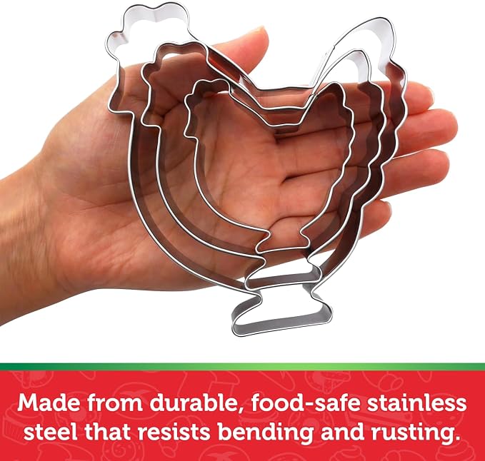 Chicken Cookie Cutter Set – Sharp & Stainless Steel Cooking Utensils – A Fun Fit for Sandwiches, Pancakes, Fruits & Crafts – Dishwasher-Safe 3-Piece Bakery Supplies by Sweet Cookie Crumbs