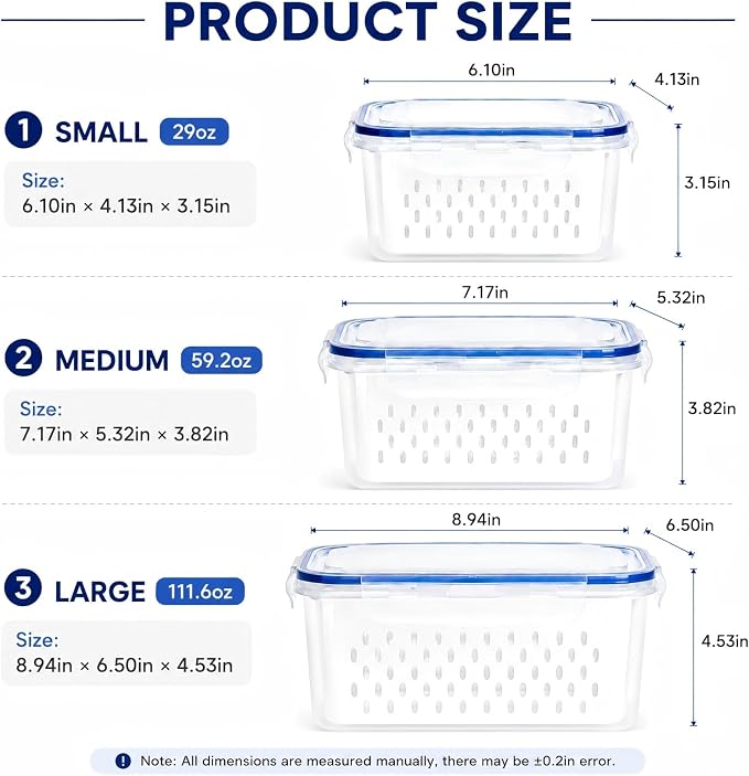 3 Pcs Fruit Storage Containers for Fridge, Produce Storage Containers with Removable Colander Basket & Airtight Lid, BPA-free food storage containers, for Fruits, Vegetables & Meat
