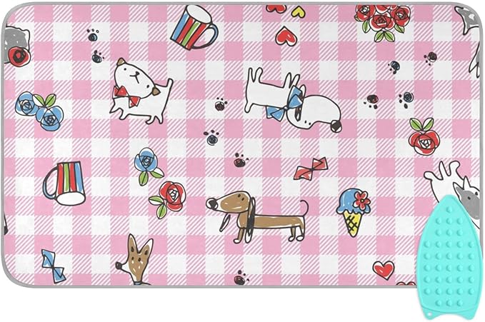Cute Dog Pink Ironing Mat Portable Ironing Pad Blanket with Silicone Iron Rest for Table Top Travel Heat Resistant Double-Side Using Large 47x28 Inch Foldable