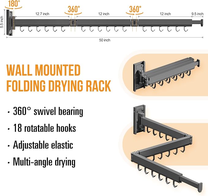 LIENAHU Grey Wall Mounted Clothes Drying Rack, Stainless Steel, Space Saving, Holds Up to 220 Pounds, Ideal for Clothing