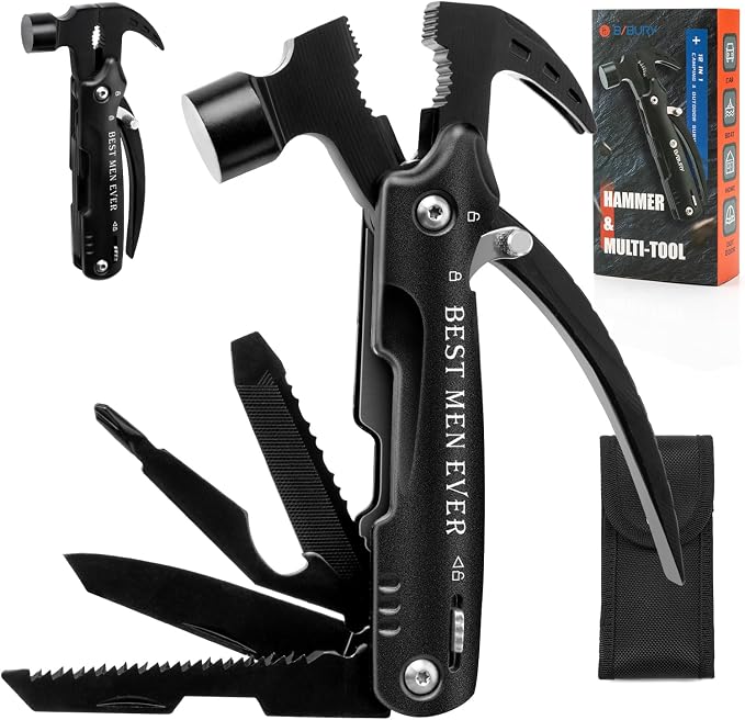 BIBURY 12-in-1 Multitool Hammer, Heavy Duty Survival Gear with Safety Lock, Fathers Day Gift for Dad Husband Men, Portable EDC Multi Tool Gadgets for Camping Hiking Car Emergency