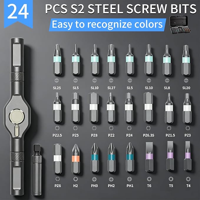 24 in 1 Magnetic Screwdriver Set, DIY Ratchet Screwdriver Set | Multifunctional Toolbox with Detachable Ratchet Handle, Portable Precision Repair Tool Kit for Furniture Computer Bicycle