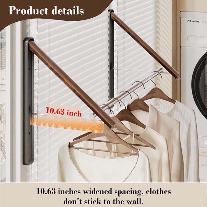 Retractable Wall Mounted Drying Rack - Foldable Clothes Hanger in Walnut or Oak Color for Laundry Room, Closet & Balcony (Oak, 2 Racks + Rod)