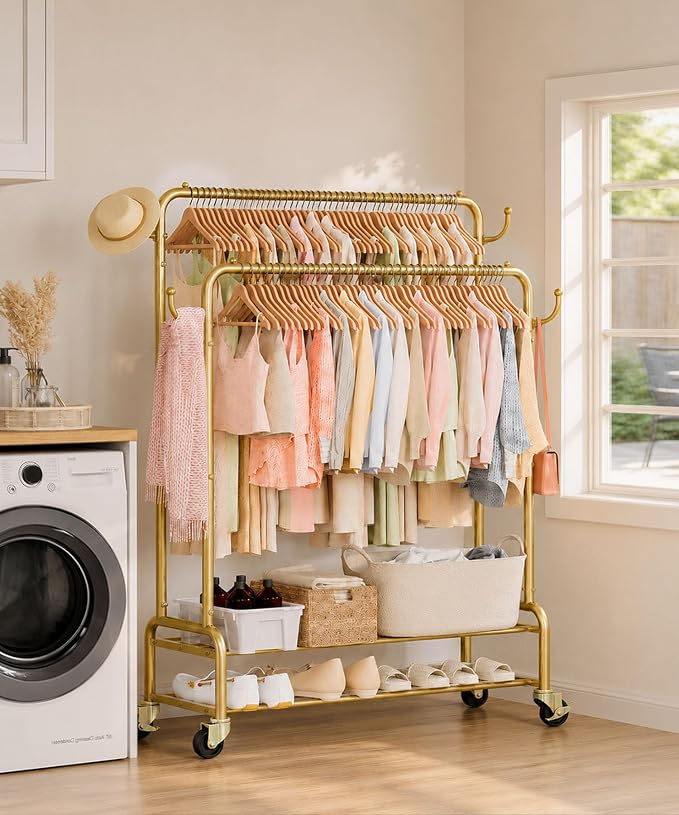 Homde Heavy Duty Clothes Rack: 265lb Rolling Double Rod Garment Hanging - Metal Coat Organizer Storage Display Shelf on Wheels for Bedroom Laundry