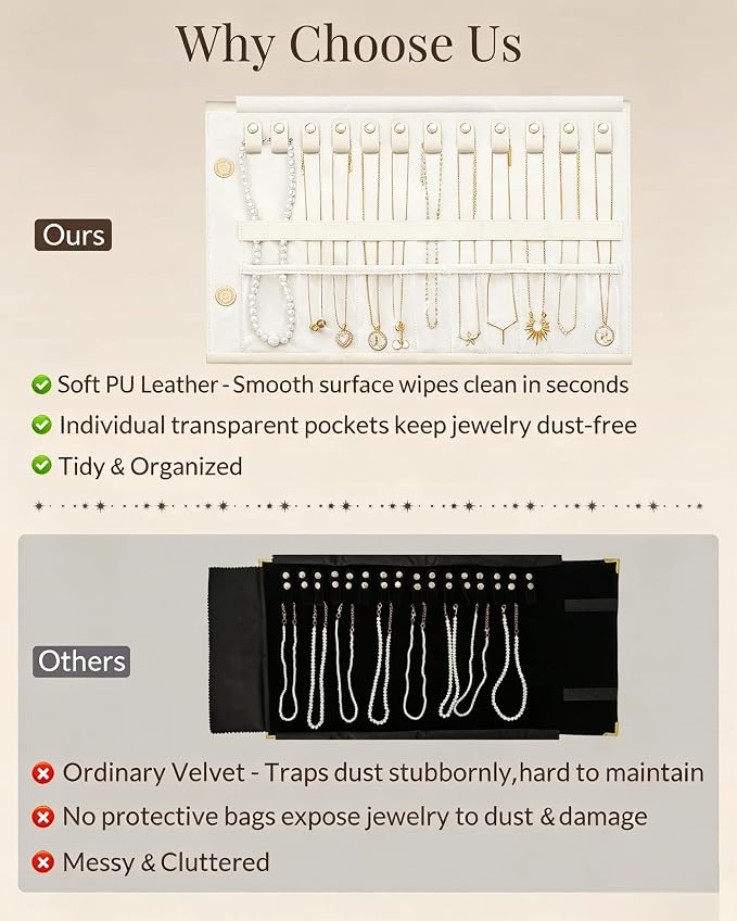 Lolalet Travel Necklace Organizer, Foldable Jewelry Case, Beige, 12 Slots | Tangle-Free, Roll Up, PU Outer, Velvet Lining, Space-Saving, for Chains Bracelets, Gift for Women Girls Daughters Friends