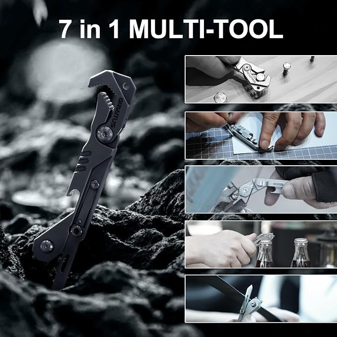 EDC Multitool 7 in 1 with knife, Wrench, Folding Knife, Screwdriver | Bottle Opene, Ruler, Urgent Car Window Breaker and Seatbelt Cutter, EDC Pocket Multi Tool for Gifts for Men (Bright silver)