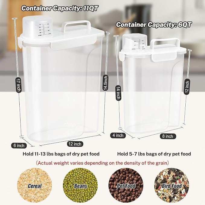 Dog Cat Food Storage Container, Pet Food Pourable Container Airtight with Large Spout & Cup, BPA-Free Plastic Food Dispenser for Pet Food, Bird Seed, Rice, Flour (White, 5+10L)