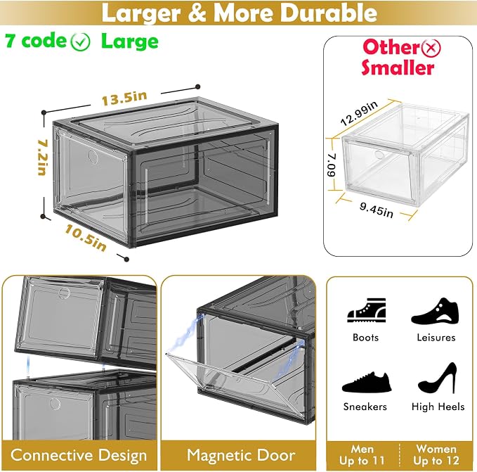 7 code Large Clear Shoe Boxes Organizer【Thicker Material】 Stronger Shoe Box with Magnetic Door, Stackable Shoe Storage Box for Closet, Foldable Space-Saving Storage Bins Shoe Cabinet, Black 9-Pack | Foldable Shoe Storage Boxes for Sneakers & Boots, Spa...