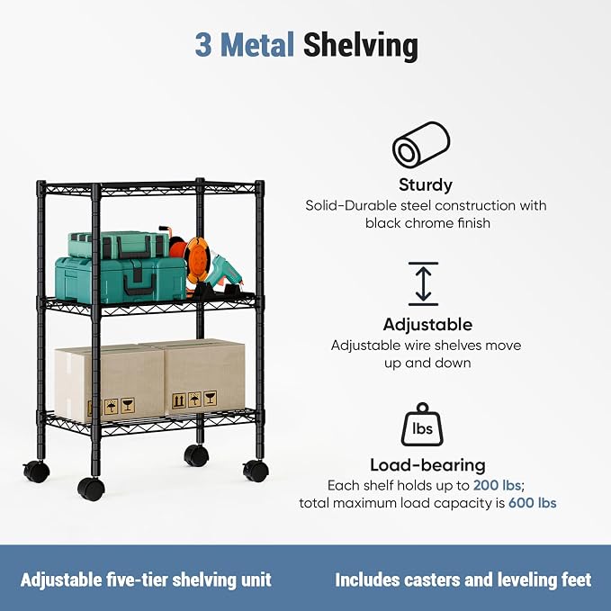 DUMOS 3-Tier Metal Storage Shelves, 23" W Wire Shelving Storage Rack with Lockable Wheels, Adjustable Shelving Unit, Standing Closet for Garage, Kitchen, Office, Living Room, 23" Wx13 Dx30 H