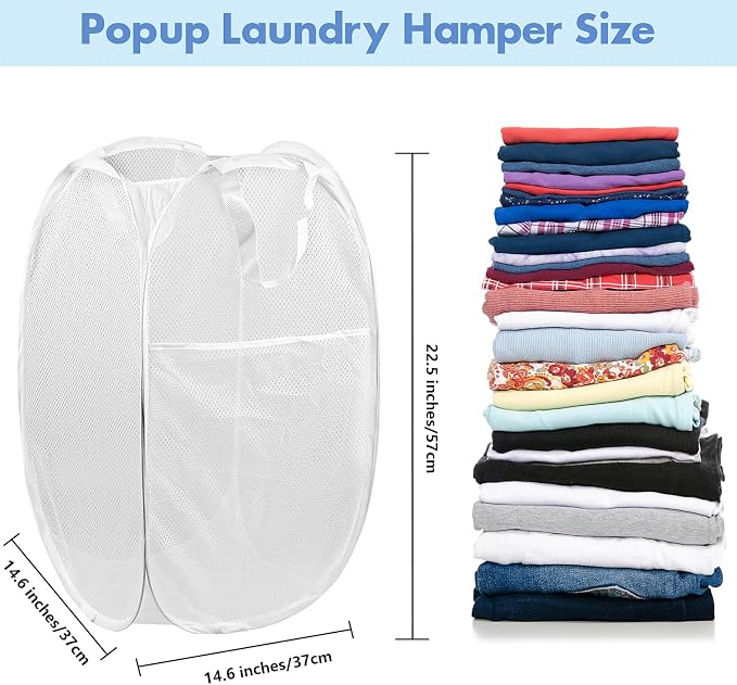 DUCOO Pop Up Laundry Hamper, 70L Collapsible Mesh Laundry Basket with Side Pocket, Foldable Dirty Clothes Hamper with Sturdy Reinforced Handles for Home Dorm Bedroom Travel Storage, White, 2Pack