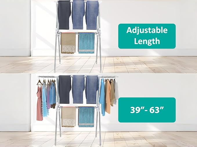 Foldable Clothes Drying Rack 63 Inch Stainless Steel, Heavy Duty Space Saving Laundry Rack Indoor Outdoor, Double Rod Design for Balcony, Laundry Room, Home