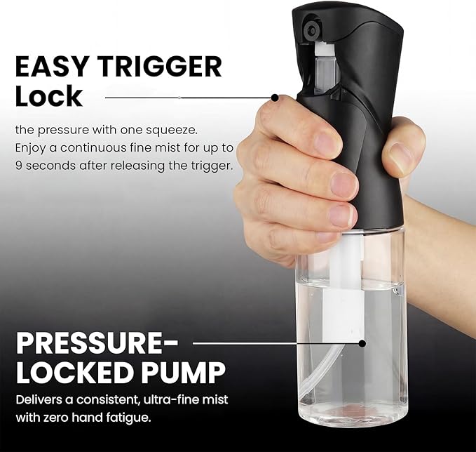 1 Pack 8.5oz Continuous Spray Bottle for Hair Styling & Plants - Fine Mist Sprayer Refillable Empty Water Dispenser for Cleaning, Ironing, Watercolor & Pet Care - Black