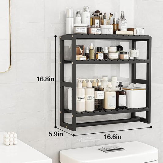 Galood Over The Toilet Storage Bathroom Shelves Wall Mounted 3 Tier Space Saver Corner Shelf Organizer Bamboo Towel Rack Toilet Paper Cabinet with Hanging Rod Black Sets