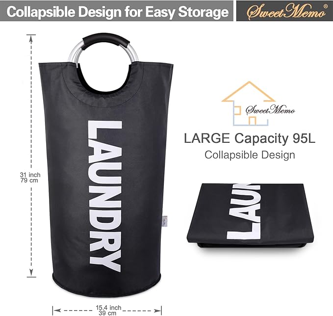 2-Pack Large Laundry Basket, Laundry Hamper Bag with Handles, 95L, Black | Freestanding Tall Dirty Clothes Hamper, Collapsible and Portable Laundry Bin for Dorms and Bedrooms, Thick, Sturdy Fabric