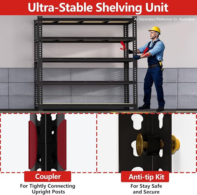 PrimeZone 60" W X 24" D X 72" H Heavy Duty Garage Storage Shelves, 3000 LBS | 5 Tier Adjustable Metal Shelf, 15 Support Beams, Solid Steel Frame, Freestanding, Storage for Basement, Warehouse, 4 Pack