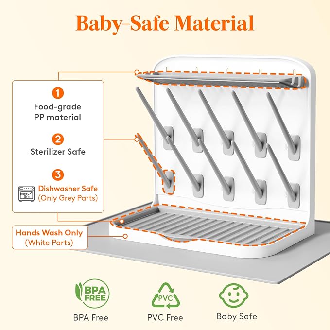 Lifewit 10-Hooks Baby Bottle Drying Rack with Drain Mat for Countertop | Vertical Bottle Storage Organizer, Stand-Up Dryer Holder for Pacifiers, Pump Parts, Baby Stuff, Newborn Essentials Must Haves