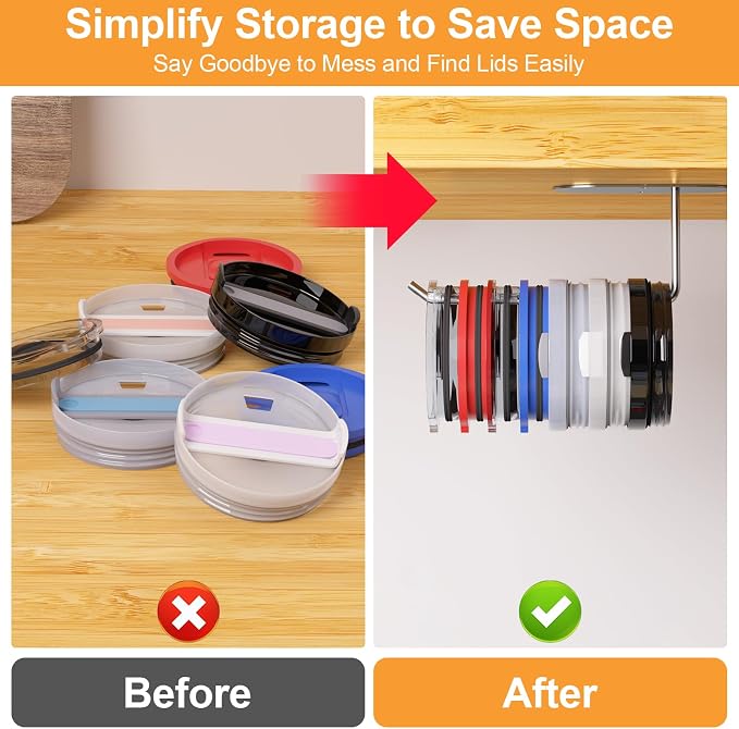 2 Pack Tumbler Lid Organizer, Space Saving Cup Lid Organizer | Yeti/Stanley/Simple Modern Lids Organizer, Self-Adhesive or Drilling Tumbler Lid Hook for Kitchen Organizers and Storage
