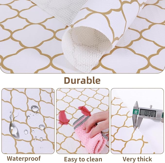 Shelf Drawer Liners for Kitchen Cabinets 12 in X 20 Ft Drawer Liner | Non Adhesive Thickened Refrigerator Liner Gold Quatrefoil Strong Non-Slip Paper for Tool Box with Knife and Tape Measure