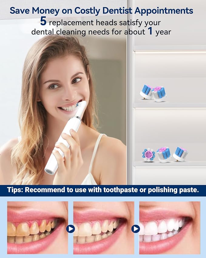 Tooth Polisher, Rechargeable Teeth Cleaning Tools Dental Kit | Teeth Whitening Kit with 5 3D White Replacement Brush Heads, 3 Tooth Polish Paste, Teeth Stain Remover Oral Care Tools