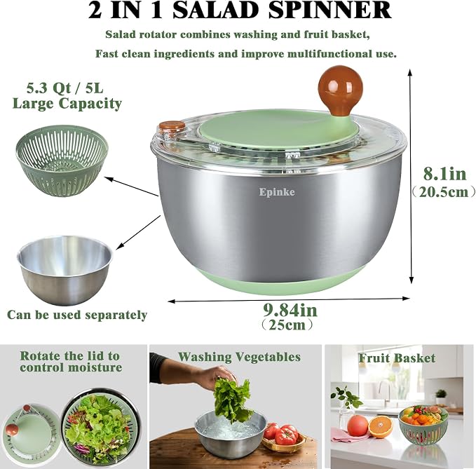 5.3Qt Stainless Steel Salad Spinner with Stop Button, Vegetable Dryer Spinner, Salad Spinner Stainless Steel with Drain, Non-Slip Base, Dishwasher Safe