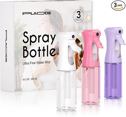3 Pack Spray Bottle for Hair - Continuous Hair Spray Bottles Refillable Mister Sprayer for Hairstyling, Plants, Pets, Skincare, Cleaning (10.1 OZ/300ML, White+Pink+Purple)