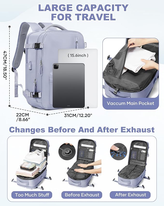 WONHOX Vacuum Seal Backpack for Travel with Air Pump 18x14x8 inches Vacpack Carry on Flight Approved Compression Daypack Laptop Space Saver Bag Storage with Vacuum System Travel Bag Women TaroPurple