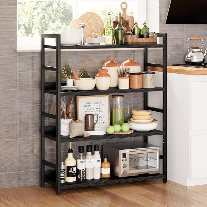 NUMENN Wide Bookshelf, 4 Tier Freestanding Shelving Unit, Black | Metal Frame & Wood Shelves, Falling Prevention Baffle, Open Storage Bookcase for Bedroom, Living Room & Home Office