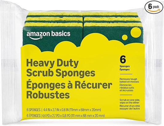 Amazon Basics Heavy Duty Scrub Sponges,Dual-Sided Design,Yellow/Green, 36 Count (6 Packs of 6), Packaging May Vary
