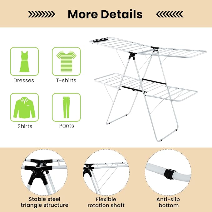 COSTWAY Clothes Drying Rack, Foldable 2 Tier Clothing Laundry Rack | Height-Adjustable Wings, 33 Drying Rails & Sock Clips, Portable Space Saving Racks for Apartment, RV, Indoor & Outdoor Use