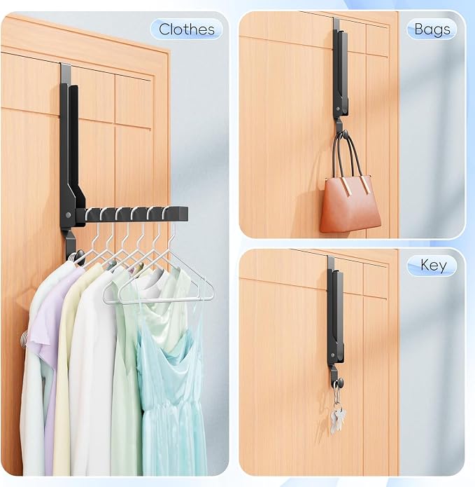 2 Pack Heavy Duty Over the Door Hooks, Compact Foldable Over the Door Hanger, Portable Compact Over Door Drying Rack for Laundry, Metal Over the Door Clothes Hanger, Rustproof & Waterproof, (Black)