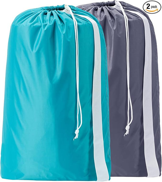 HOMEST 2 Pack XL Nylon Laundry Bag with Strap, Large Dirty Garments Organizer, Easy Fit a Hamper or Clothing Basket, Can Carry Up to 4 Loads of Clothes, Grey and Sky Blue | Heavy-duty nylon material supports bulky garments and daily transport between b...