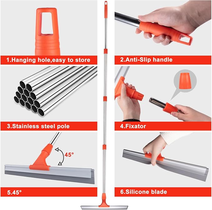 ITTAR Floor Squeegee with 60" Stainless Steel Handle, 17.2" Silicone Blade Floor Scrubber for Bathroom, Shower, Garage, Tile, Window and Water Removal