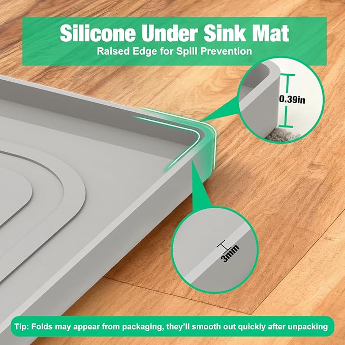 Aisslro Under Sink Mat 25" X 19", Waterproof Silicone Under Sink Mats for Kitchen, Anti-Leak Shelf Liner & Cabinet Protector with Raised Edge, [BPA Free] Bathroom Tray Home Organizer, Gray