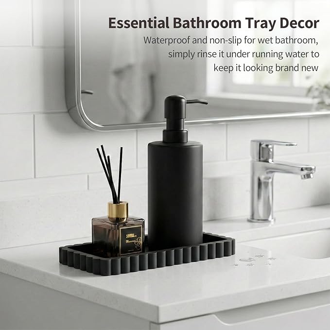 Small Silicone Bathroom Vanity Tray, Sink Caddy for Dish Soap Dispenser, Sponge Holder for Kitchen Sink, Rectangle Bathroom Countertop Organizer for Perfume, Jewelry, Candle (7.9” * 4”, Black)