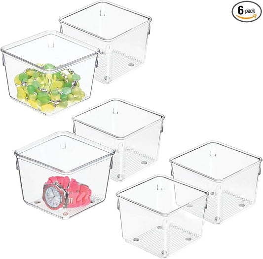 iDesign Plastic Drawer Organizer Bins, Set of 6, Clear | Storage for Kitchen, Storage for Bathroom, Storage for Desk Drawers