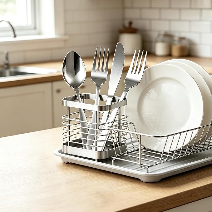 Utensil Holder, Stainless Steel Utensil Drying Rack for Kitchen Counter, Silverware Cutlery Flatware Holder Forks, Knives, Spoons, Chopsticks Organizer (Silver)