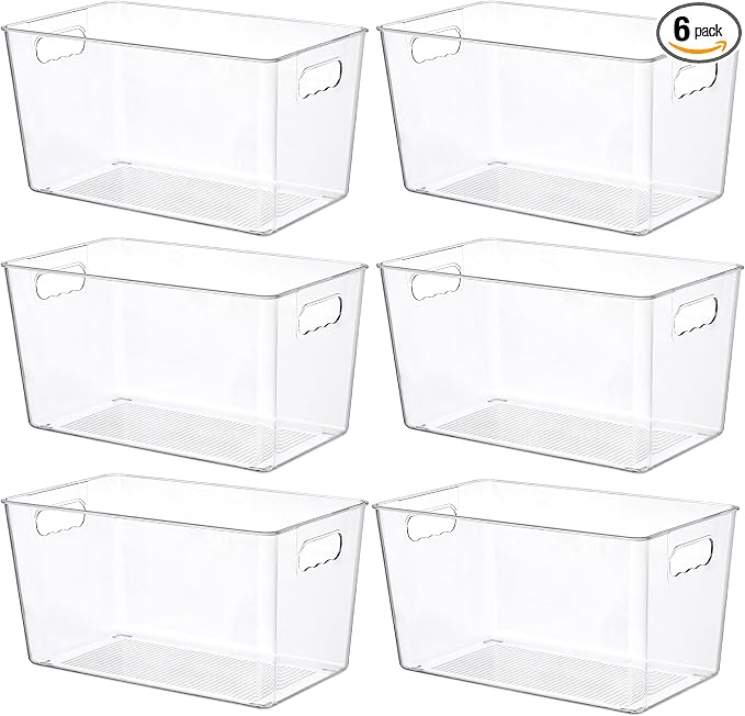 Vtopmart 6 Pack Clear Plastic Storage Bins, Pantry Organizer Containers with Handle for Refrigerator, Fridge, Cabinet, Kitchen, Countertops, Cupboard, Home Organization and Storage, XL