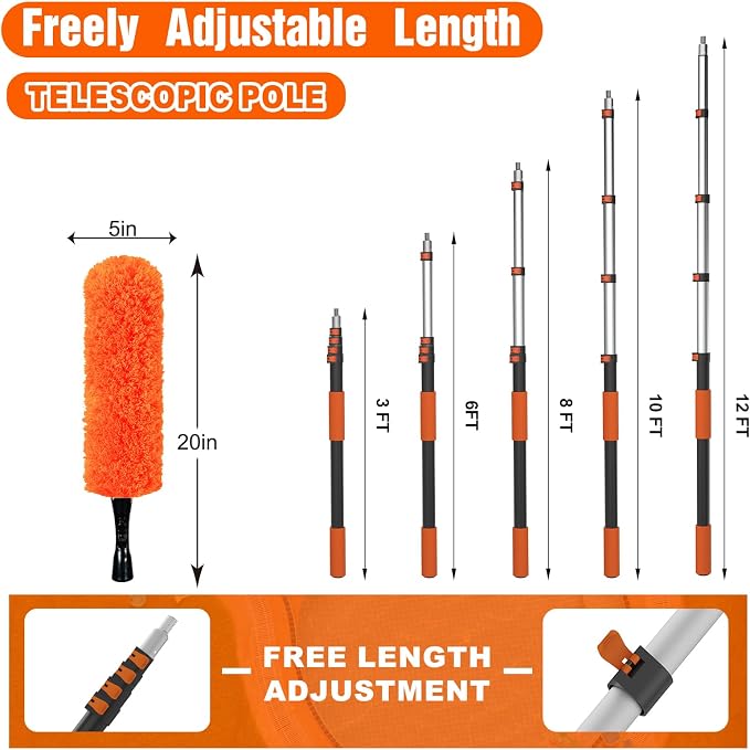 SISUPASSIE 12FT Duster Cleaner Kit, Dusters for Cleaning with Extension Pole, Baseboard & Wall and Window Cleaner Mop for Fan Blades, High Ceiling and Cobweb