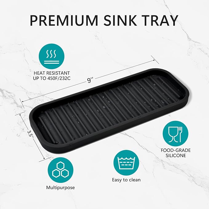 Mofason Silicone Sponge Holder for Kitchen Sink - Soap Tray 2 Pack Black | Dish caddy, soap dispenser, scrubber spoon holder, dishwashing accessories; travel sink organizer tray for kitchen counter