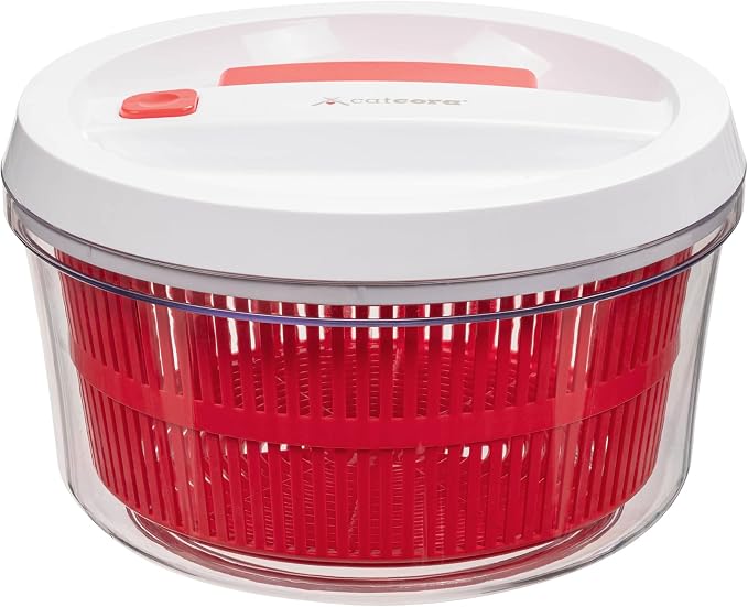 CatCora Quickspin One-Handed Salad Spinner, Accelerated Pump-Action With Built-In Break For Perfectly Dried Salad Greens, Ergonomic Single-Hand Design