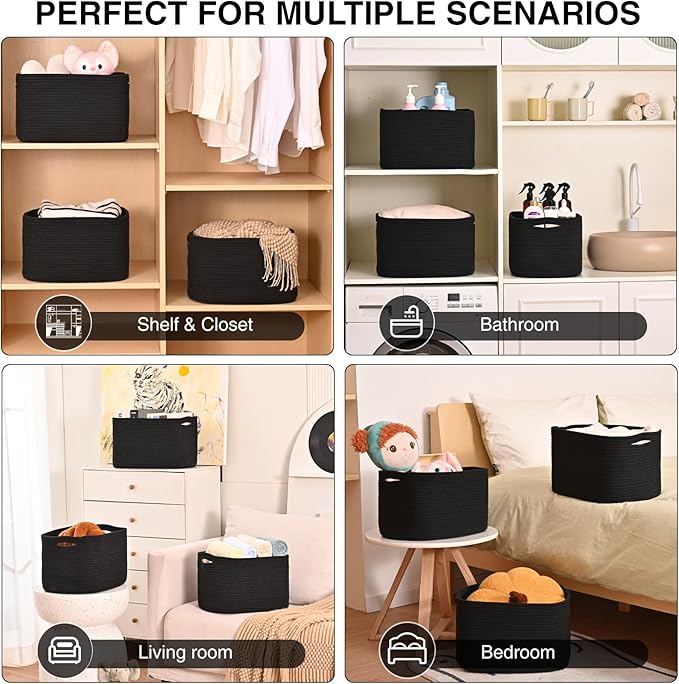 Storage Baskets for Organizing Shelves, Woven Cotton Rope Bins for Organization, Dog Toy Organizer for Shelf Living Room Bedroom, 14.8"×11"×9.5", Pack of 3, Black