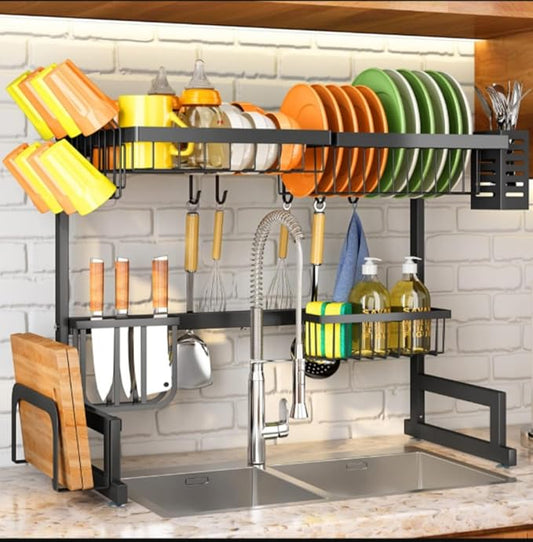 Over The Sink Dish Drainer Drying Rack,Stainless Steel Dish Dyring Rack Above Sink with Adjustable Height 25.6" to 33.5" W,Kitchen Counter Storage Shelf for Organizer Cookware,Cups,Cutting Board